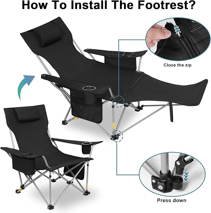 Romswi 2Pack 4-Position Reclining Camping Chair with Removable Footrest, 2-in-1 Adjustable Portable Lounge Chair with Cooler Bag, Cup Holder, Side Pockets & Carry Bag for Outdoor, Olive Green