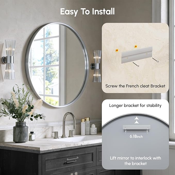 USHOWER Brushed Nickel Bathroom Mirrors for Over Sink, 36 Inch Circle Mirror with Metal Frame, Wall Mirror for Vanity, Entryway, Living Room, Hallway and Bedroom Decor