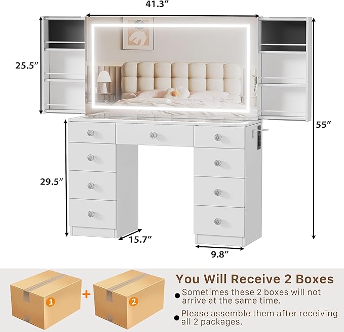 Makeup Vanity Desk with Large Mirror and Lights,White Vanity Table with Glass Top,9 Drawers,3 Color Modes,Sliding 2 Wall Mounted Jewelry Storage Racks,Suitable for Bedroom Ladies and Girls