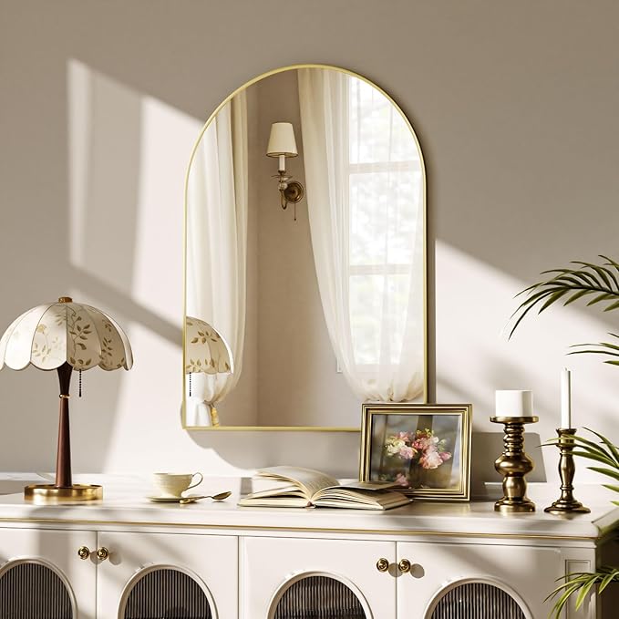 VooBang Arched Wall Mirror, 20 x 30 inch Arch Bathroom Mirror, Wall Mounted Vanity Mirror with Arch Metal Frame, Modern Bathroom Vanity Mirror for Bedroom, Living Room, Hanging or Leaning, Gold