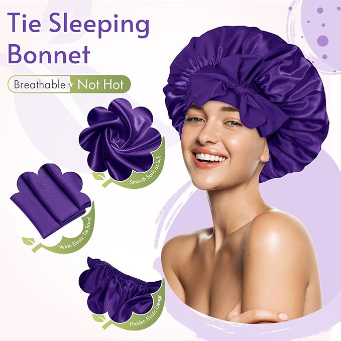 BONNET QUEEN Silk Bonnet for Sleeping Women Satin Bonnet Anti-Frizzy Night Sleep Cap Wrap for Curly Hair with Adjustable Tie Band,Purple
