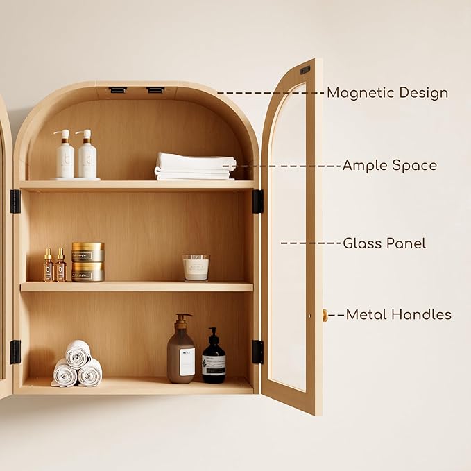 Fatmok Arched Bathroom Wall Cabinet Over The Toilet Storage Cabinet,23.6"x31.5" Wood Medicine Cabinet Wall Mounted with Glass Doors & Adjustable Shelf,Floating Wall Cabinet for Bathroom(Natural Wood)