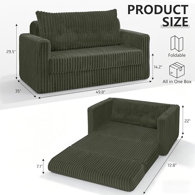 HABUTWAY 49.8" Loveseat Boneless Couch, 4-in-1 Convertible Sofa Bed, Plush Fur Folding Futon Sofa Bed Couches with a Pillow for Living Room, High-Density Foam Support, No Assembly Required, Green