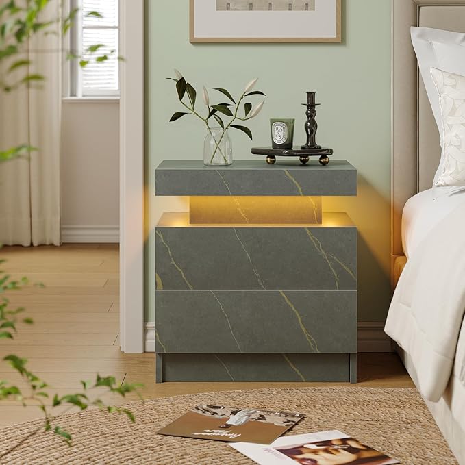 Nightstand LED Bedside Table LED Cabinet LED Lights Modern End Side Table with 2 Drawers for Bedroom Light Grey