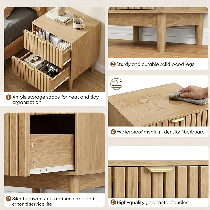 Kiasthome Mid-Century Wood Nightstand with 2 Drawers, Fluted Front Bedside Table, Functional End Table for Bedroom & Living Room (Light Oak (2-Pack))