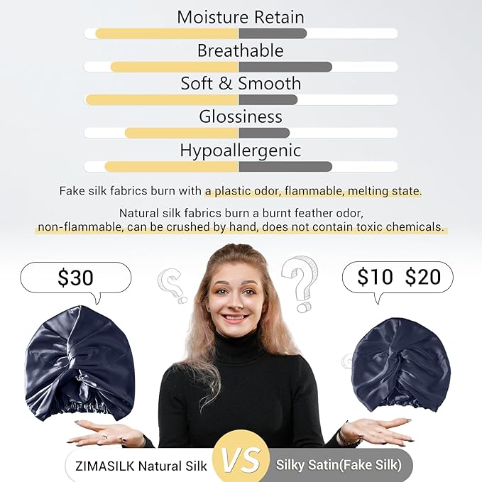 ZIMASILK 100% 22匁 マルベリーシルク ボンネット 就寝用 レディース、通気性シルクヘアラップ プレミアムヘア保護用 - 摩擦軽減 (1個、ネイビー)