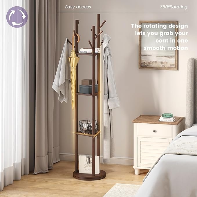 Rotating Coat Rack, Freestanding Coat Rack with 3 Shelves and 9 Hooks Clothes Organizer Coat tree for Bedroom, Entryway, Livingroom (Brown)