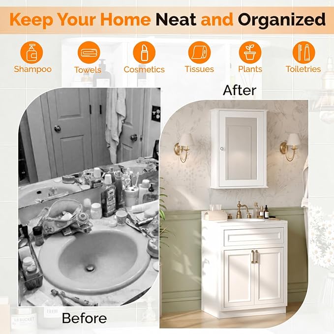 VINGLI Bathroom Wall Cabinet Wall Mount Mirrored Medicine Cabinet with Mirror Storage Organizer with Single Mirror Door and 2 Adjustable Shelves White