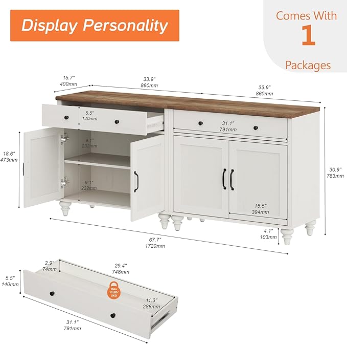 WAMAPT Buffet Cabinet with 4 Doors and 2 Drawers, Large Coffee Bar Table Wood Kitchen Storage Cabinets with Storage Cabinets, Modern Farmhouse Sideboard Credenza for Dining Room, Off White, 68 inch