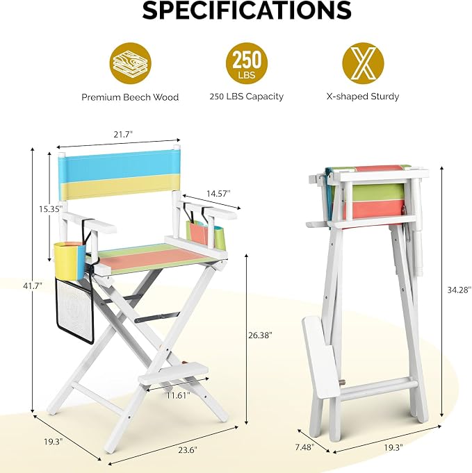 OmySalon 26" H Tall Directors Chair, Wooden Portable Folding Makeup Chair w/Storage Pouch & Footrest, Professional for Salon/Events/Mobile Services, 250lb Capacity, Colorful Canvas & White Frame