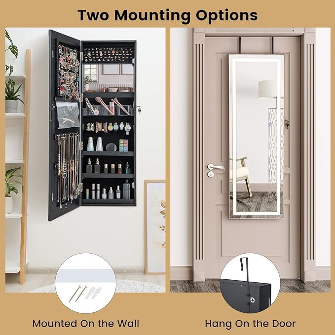 CHARMAID LED Mirror Jewelry Cabinet, 47.2'' Jewelry Armoire with Adjustable Lighted Full Length Mirror, Wall Mounted or Door Hanging, Lockable Jewelry Organizer Storage (Black, 47.2''H)
