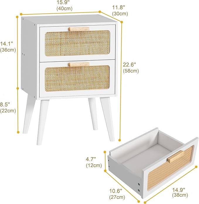 YAUKOMEL White Nightstand, Wood End Table, Side Table with 2 Hand Made Rattan Decorated Drawers,Boho Bedside Table,Wood Accent Table with Storage for Livingroom, Bedroom, White CTG59W