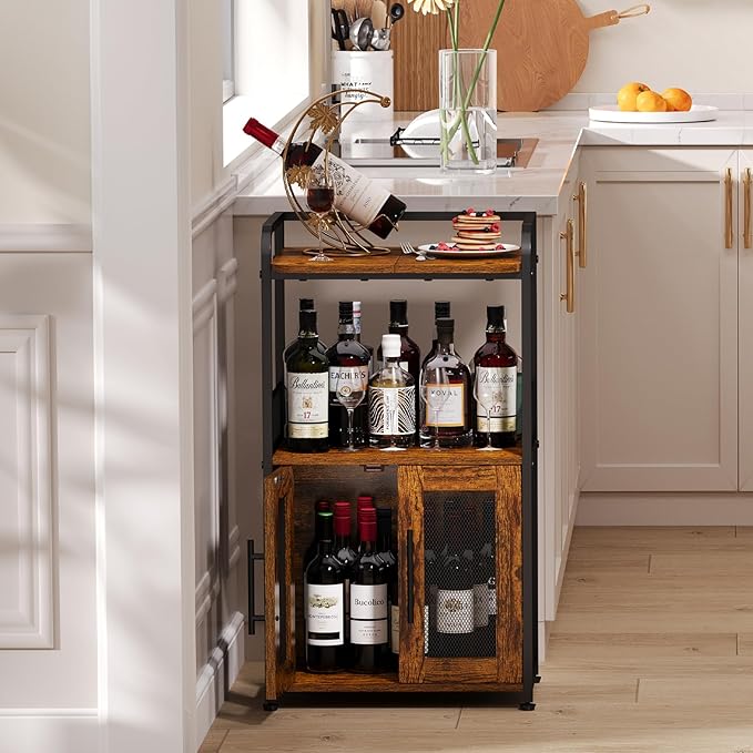 Hencawima Small Coffee Bar Cabinet with Storage, 3-Tier Rolling Coffee Bar Table, Farmhouse Coffee Cart Station with 2 Doors for Living Room, Dining Room, Rustic Brown