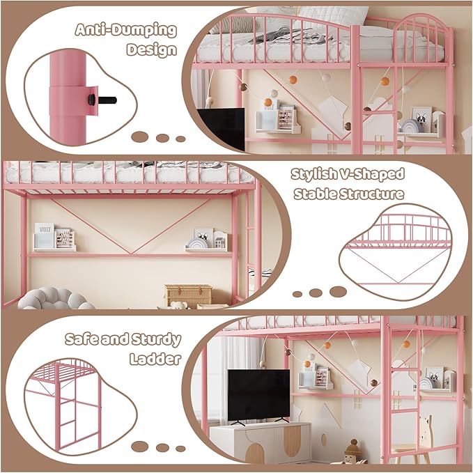GarveeHome Loft Bed Twin Size, Heavy Duty Metal Loft Bed Frame with Arched Guardrail and Safety Ladder, Space-Saving, No Box Spring Needed, Modern Pink