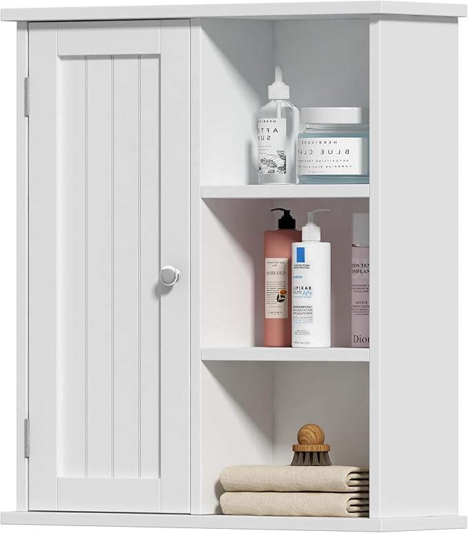 Treocho Bathroom Wall Cabinet, Medicine Cabinet with Door and 3 Open Shelves, Wall Mounted Storage Organizer for Bathroom, Kitchen, Living Room, White