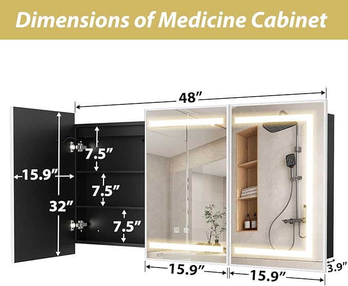 APRILSOUL 48x32 Inch Lighted Bathroom Medicine Cabinet with Mirror, Silver Recessed or Surface Mount Medicine Cabinet Mirror with Storage and LED Lights, 3 Colors Temperature, Dimmable Light