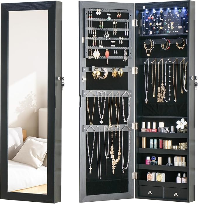 8 LED Lights Jewelry Armoire with Mirror - 47.3” H Mirror Jewelry Cabinet Door Hanging/Wall Mounted Mirror with Storage And 2 Drawers Black