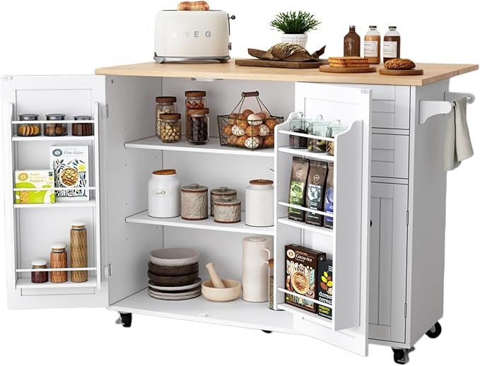 HLR Kitchen Island with Storage, White Rolling Kitchen Island on Wheels with Drop-Leaf Bar Countertop, Island Table for Kitchen with Side Open Spice Rack and Tower Rack, Extra Storage for Kitchen