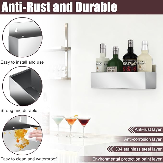 15" Wall Mounted Single Speed Rail Stainless Steel Liquor Bottle Holder,Speed Drink Rail Rack for Bars, Restaurants,Drink Rail Shelf, 2 Pcs