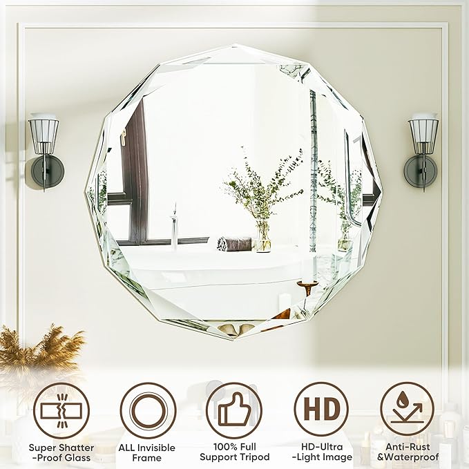 Suidia Bathroom Mirror, 30"x 30" Wall Mirror, Frameless Bathroom Mirror with Beveled Edge for Bedroom, Living Room, Entryway, Hallway, Round Shape