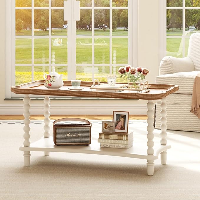 Function Home Farmhouse Coffee Table, 2-Tier Center Table with Storage Shelf, 39.8" French Country Rectangle Accent Table with Natural Tray Top and Spindle Legs for Living Room Balcony, Antique White