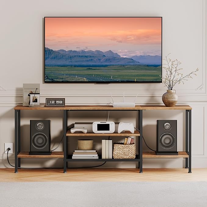 HOOBRO TV Stand with Power Outlets to 65 Inches, TV Console Table with Open Storage Shelves, Industrial Media Entertainment Center for Living Room Bedroom, Rustic Brown and Black BF40DS01
