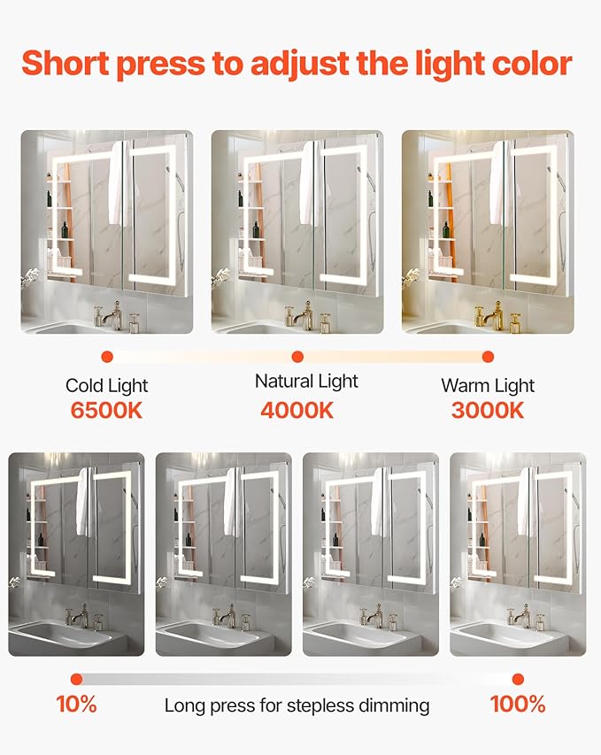 VEVOR Lighted Medicine Cabinet with Mirror, 36 x 30 in Recessed or Wall Mount, 3 Color Dimmable LED Bathroom Medicine Cabinet with HD Mirror, Clock, Adjustable Shelve Storage, Memory Defog Function
