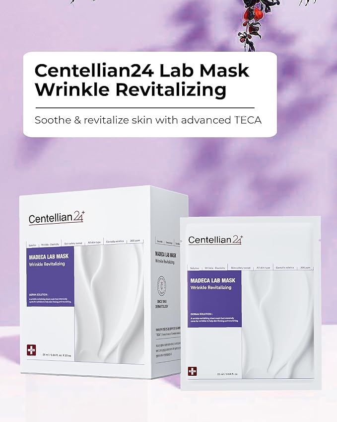 CENTELLIAN 24 マデカマスク (リンクルリバイタライジング、20枚) - シカ、TECA、ナイアシンアミド、レチナール配合、肌の弾力アップ、ハリを瞬時に実感できるフェイスマスクシート。男女兼用の韓国スキンケア。