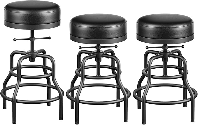 Raynesys Adjustable Height Swivel Bar Stools Set of 3, 22-29 Inch Industrial Vintage Bar Counter Height Stools with Thicken Premium Bonded Leather Seats & Updated Footrests, Easy Assembly, Black