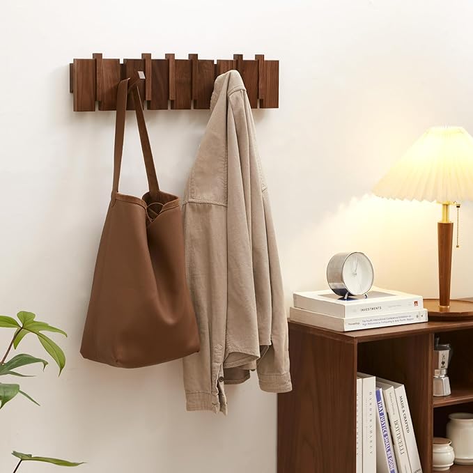 QUELLANCE Wood Coat Rack Wall Mount, Coat Hooks Hanger Wall Mounted, Heavy Duty Wall Coat Rack with 8 Hooks for Hanging Coats/Keys/Hats/Robe&Towels/Plants/Bags, Walnut