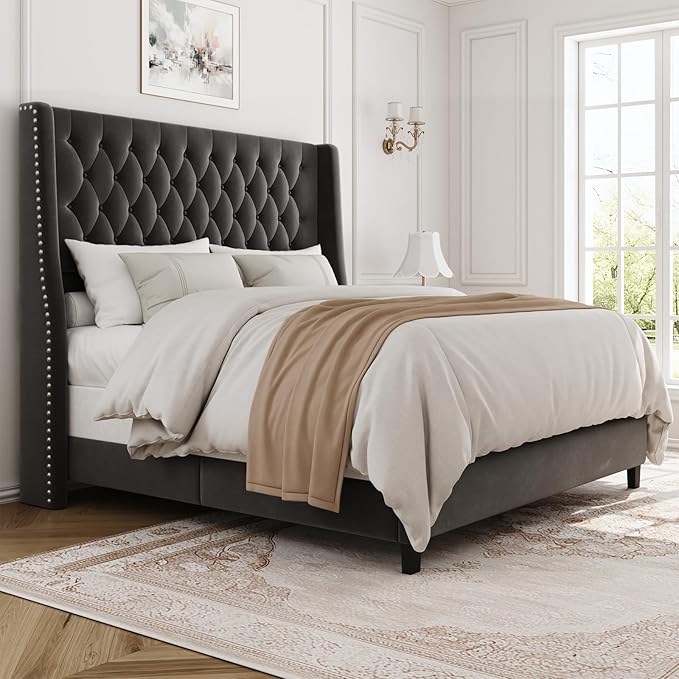 Queen Bed Frame with 55" Tall Headboard, Upholstered Bed Frames, Soft Fabric, Button Tufted Headboard with Windback, Platform Bed, Noise-Free, No Box Spring Needed, Grey