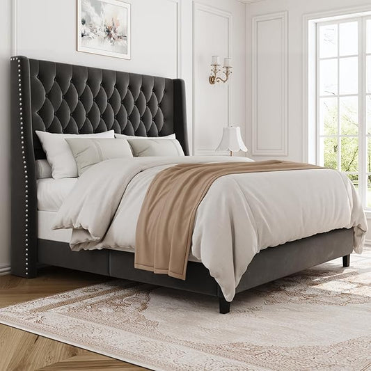 Queen Bed Frame with 55" Tall Headboard, Upholstered Bed Frames, Soft Fabric, Button Tufted Headboard with Windback, Platform Bed, Noise-Free, No Box Spring Needed, Grey