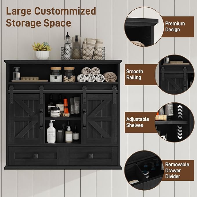 Vabches Bathroom Wall Cabinet, Farmhouse Medicine Cabinet with Double Sliding Barn Door and Storage Drawer, Wooden Vintage Storage Cabinet Wall Mounted for Bathroom, Kitchen, Rustic Black