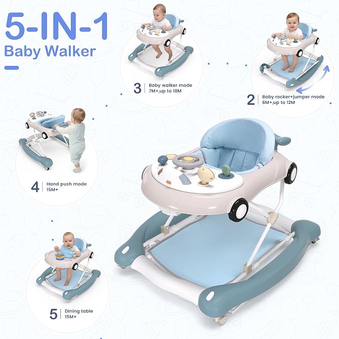 Baby Walker, 5-in-1 Baby Walker for Boys and Girls with Bouncer, Removable Footrest, Music, Foldable & Adjustable Speed Wheels Activity Walker for 6-18 Months Toddler Infant(Haze Blue)