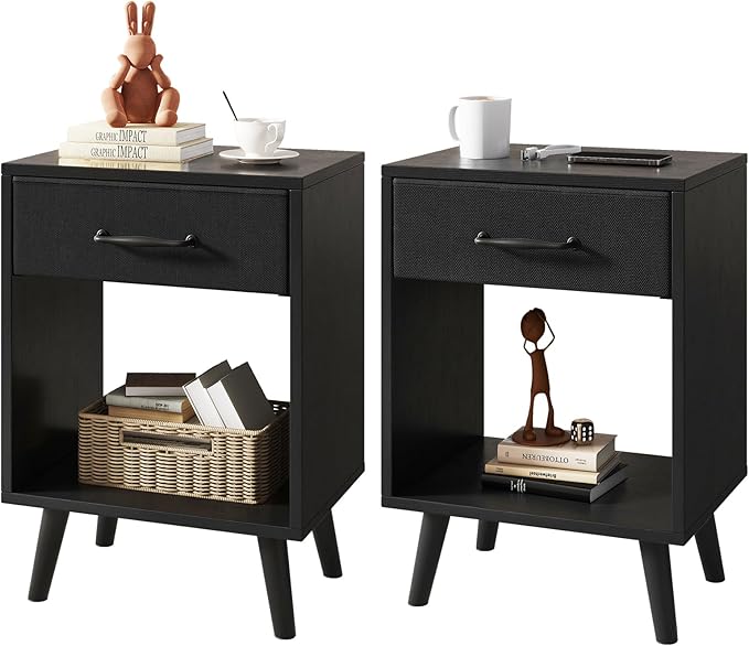 YMYNY Nightstand Set of 2, Bedside Table, Side Table with Fabric Drawer, Handle and Open Compartment, Solid Wood Legs, Wooden Coffee Table for Bedroom, Black UHST020B-2