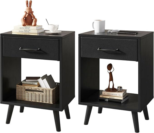 YMYNY Nightstand Set of 2, Bedside Table, Side Table with Fabric Drawer, Handle and Open Compartment, Solid Wood Legs, Wooden Coffee Table for Bedroom, Black UHST020B-2