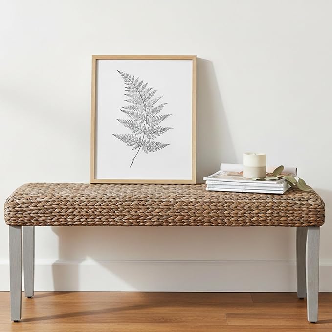 Solid Wood Acacia Indoor Bench with Natural Woven Water Hyacinth Seat, Wood Bench for Living Room or Entryway, Vintage Bench, Fishbone Style, Grey Leg