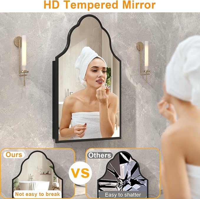 20"x32" Irregular Medicine Cabinet with Mirror, Recessed or Surface Mount Black Arched Medicine Cabinet for Bathroom, Artistic Decorative Mirror with Storage, Full Metal, Easy Installation