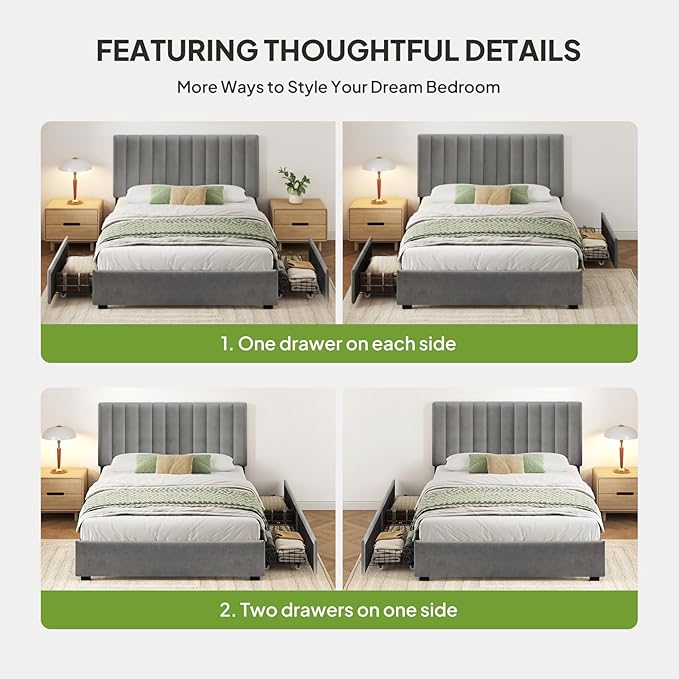 Welzona Queen Size Velvet Bed Frame with 2 Storage Drawers, Fully Upholstered Metal Platform Corner Bed Frame with Vertical Tufted Headboard, 3-Level Height, Easy Assembly, No Box Spring Needed, Grey