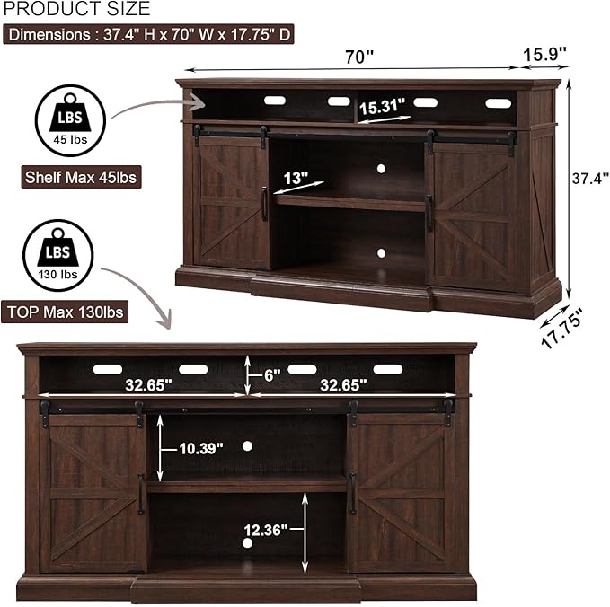 Farmhouse TV Stand for 80 Inch TVs, 37.4"Tall Entertainment Center w/Storage Cabinets and Sliding Barn Door, Media Console Cabinet w/Soundbar & Adjustable Shelves for Living Room, 70 inch (Brown)