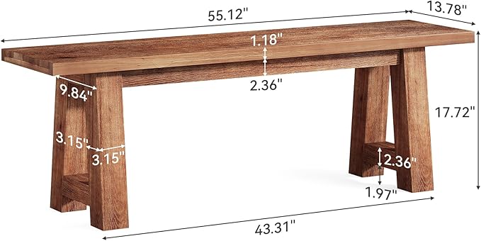 Solid Wood Dining Bench Pair of 2, 55.12-Inch Farmhouse Entryway Bench Indoor for Hallway, Kitchen, Dining Room, Living Room (Brown)