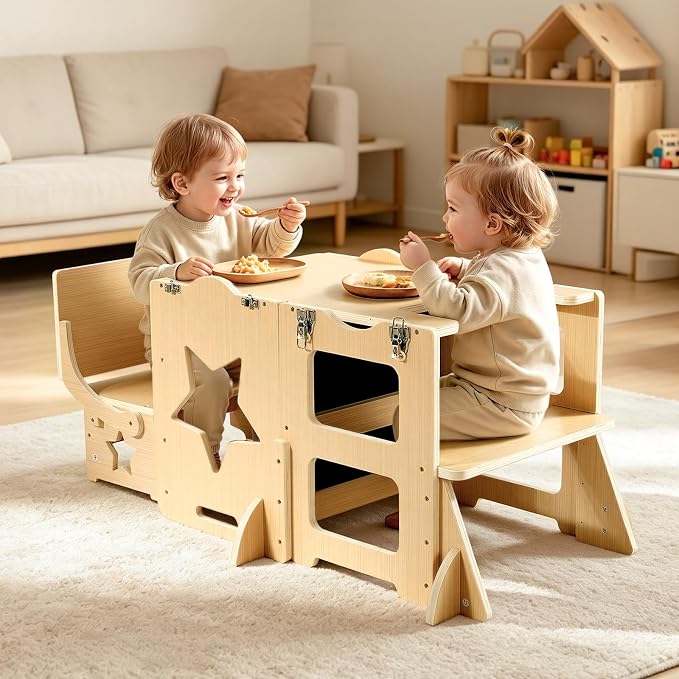 VEVOR 6-in-1 Toddler Kitchen Step Stool, Foldable Standing Tower with Blackboard & Whiteboard, Wooden High Chair for Toddlers, Kitchen Stool Helper with Detachable Stool, Montessori Table and Chair