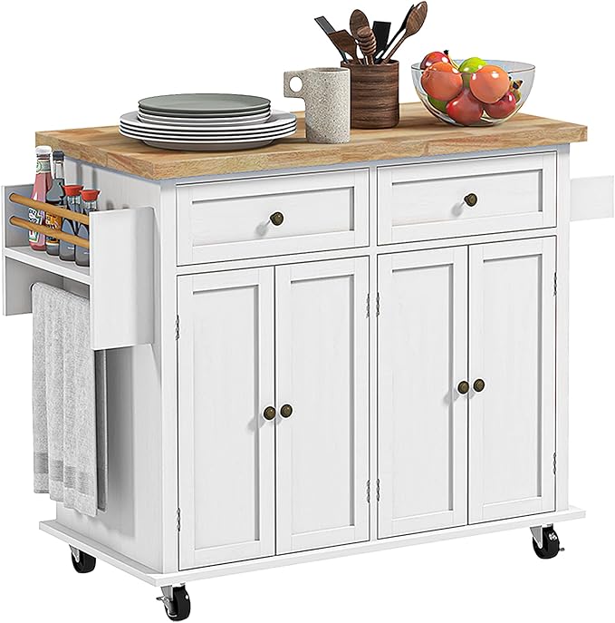 HOMCOM Kitchen Island Cart with Solid Wood Top, 44" Mobile Kitchen Island Table on Wheels with Storage Cabinets, 2 Drawers, Adjustable Shelves, Spice Rack & Towel Bar for Dining Room, Distressed White