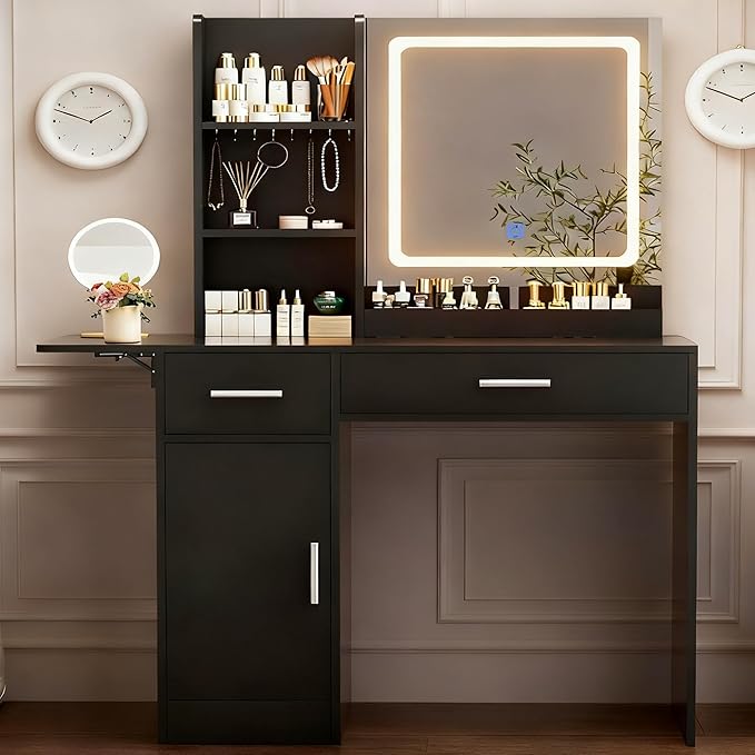 ERLEJIA Vanity Desk with Mirror and Lights, 39.37" 4 Drawers Makeup Desk Without Stool, Extra Foldable Desk with 3 Open Shelves Make Up Table for Girls and Ladies Bedroom, Black