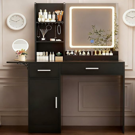 ERLEJIA Vanity Desk with Mirror and Lights, 39.37" 4 Drawers Makeup Desk Without Stool, Extra Foldable Desk with 3 Open Shelves Make Up Table for Girls and Ladies Bedroom, Black