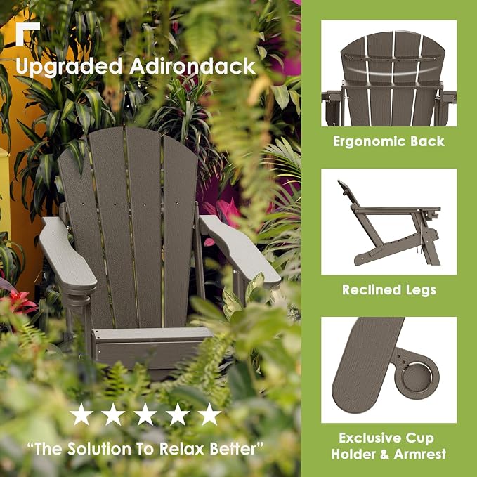 GREENVINES Adirondack-Chairs-with-Ottoman | Wood Grain | Folding | Retractable-Footrest | HDPE Plastic | All Weather Fire Pit Chair | Cup Holders | for Outdoor Poolside