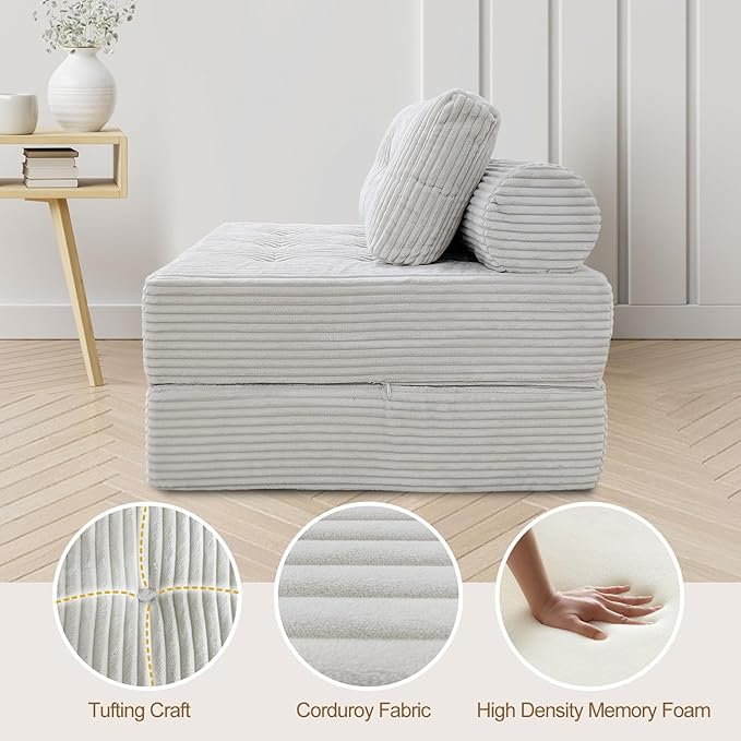 ANONER Memory Foam Folding Sofa Bed, Sectional Couches with Pillow, Futon Floor Couch, Versatile Convertible Sleeper Chair, Boneless Chaise Lounge, Fold Out Chair Bed for Living Room, Beige
