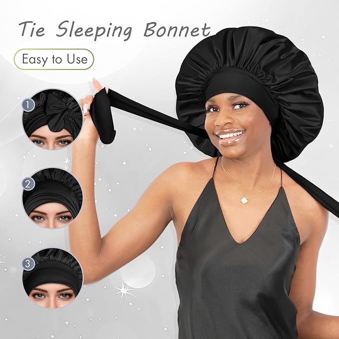BONNET QUEEN 睡眠用シルクボンネット サテンボンネット ヘアボンネット 大きめボンネット 髪用ラップ タイバンド付きスリープキャップ 女性用 カーリーヘア 三つ編み ドレッドロックス 黒