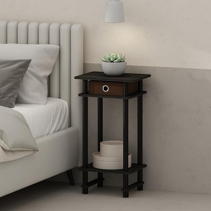 Furinno Turn-N-Tube Tall Nightstand with Bin, 1-Pack, Plastic Poles, Espresso/Brown