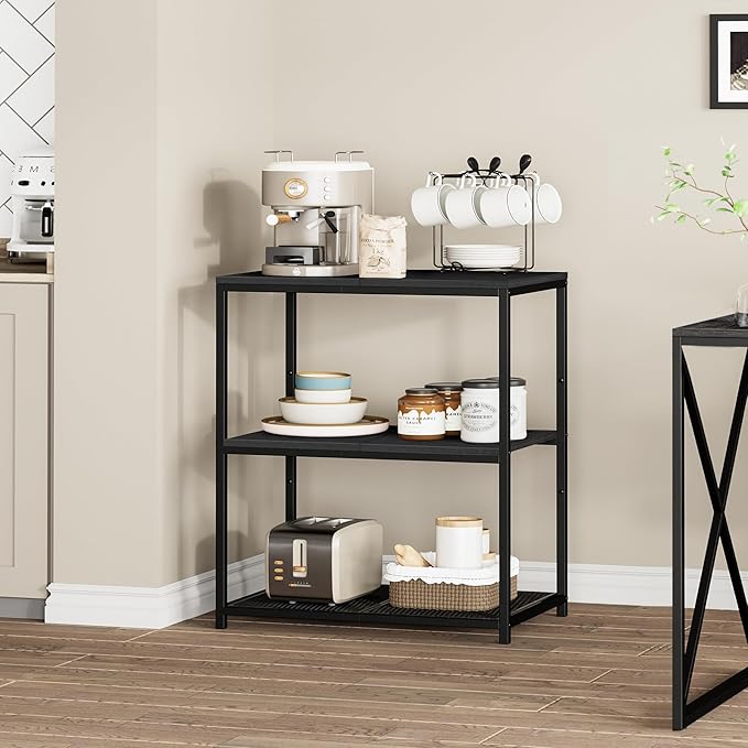 Homleke Kitchen Island with 3 Shelves, Kitchen Shelf with Large Workstation, Bakers Rack, Workbench, Metal Frame, Black